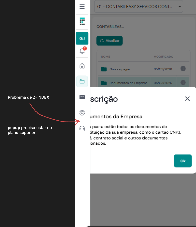 Bug z-index modal Documentos Empresa